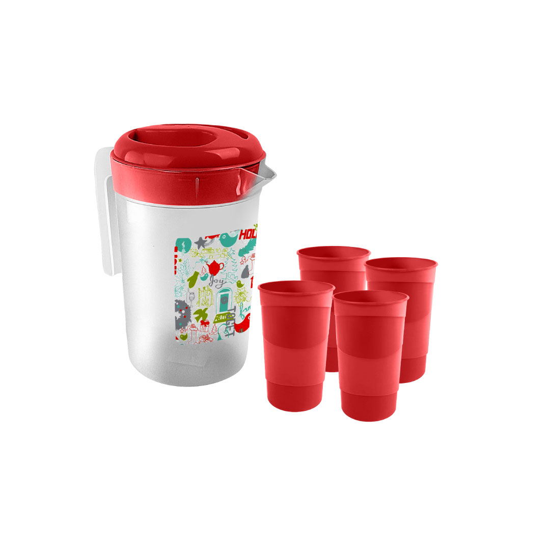 Set Pichel Plástico 3 litros y 4 Vasos de Plastico Rojo