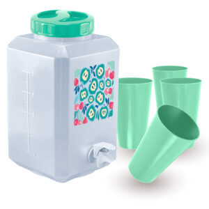 Recipiente para bebidas con dispensdor que incluye vasos plásticos