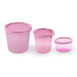 Set de 3 contenedores cilíndricos plásticos de color celeste para alimentos de 8, 14 y 34 onzas de la marca Guateplast Guatemala.