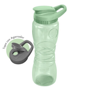 Botella refresquero plástica color verde menta con detalle gráfico que muestra el diseño de su tapa gris con boquilla abierta y agarrador.