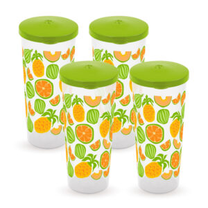 Set de 4 vasos altos de plástico con tapas verdes y llamativo estampado de piñas y naranjas de Guateplast Guatemala.