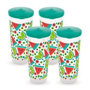 Juego de 4 vasos móviles de plástico transparentes con tapas verdes y estampado veraniego de rodajas de sandía y limón.