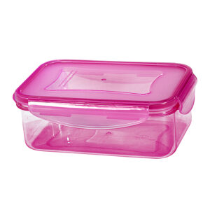 Tazón Clik Clak de 50 onzas en color fucsia translúcido, contenedor de alimentos duradero libre de BPA de la marca Guateplast.